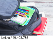 Open school backpack with supplies close up. School backpack with supplies. Стоковое фото, агентство Ingram Publishing / Фотобанк Лори