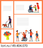 Disability person poster with lines for yout text. Men on prosthesis, blind people with dog and cane, elderly couple on wheelchairs vector illustration. Disabled and Injured People Live Normal Lives. Стоковая иллюстрация, агентство Ingram Publishing / Фотобанк Лори