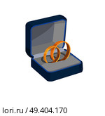 Pair of gold wedding rings with Love Forever engravings in open blue box isolated vector illustration on white background.. Gold Wedding Rings with Love Forever Engravings. Стоковая иллюстрация, агентство Ingram Publishing / Фотобанк Лори