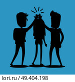 Silhouettes of guys and girl clapping hands together above heads. Best friends spend fun time, friendship day flat design. Vector illustration of unknown unrecognizable people banner in cartoon style. Silhouettes of Guys and Girl Clap Hands Together. Стоковая иллюстрация, агентство Ingram Publishing / Фотобанк Лори