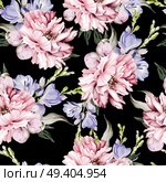 Seamless pattern of peony and crocus, green leaves. Floral wedding card. watercolor illustration. Seamless pattern of peony and crocus, green leaves. Floral wedding card. watercolor . Стоковое фото, агентство Ingram Publishing / Фотобанк Лори