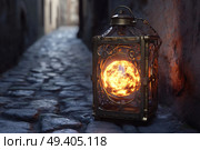 A steampunk lantern with brass casing, intricate engravings, and flickering flame inside, hanging from an iron hook,  created by ai. Стоковое AI-изображение, AI-художник Виталий Сова / Фотобанк Лори