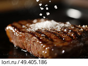 A close-up shot of salt crystals being sprinkled onto a perfectly grilled steak, with the crystals shimmering in the light ,  created by ai. Стоковое AI-изображение, AI-художник Виталий Сова / Фотобанк Лори