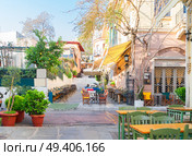 small cosy street of famous Placa district in Athens, Greece. Street of Athens, Greece. Стоковое фото, агентство Ingram Publishing / Фотобанк Лори