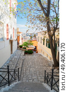 small cosy street with steep stairs of famous Placa district in Athens, Greece. Street of Athens, Greece. Стоковое фото, агентство Ingram Publishing / Фотобанк Лори