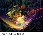 Behind Reality series. Abstract design made of gears, fractal forms, lights and numbers on the subject of reality, philosophy, metaphysics and modern technology. Стоковое фото, агентство Ingram Publishing / Фотобанк Лори