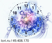 Composition of gears, clock elements, dials and dynamic swirly lines as a concept metaphor on subject of scheduling, temporal and time related processes, deadlines, progress, past, present and future. Стоковое фото, агентство Ingram Publishing / Фотобанк Лори