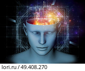 Creative arrangement of cutout of male head and symbolic elements as a concept metaphor on subject of human mind, consciousness, imagination, science and creativity. Стоковое фото, агентство Ingram Publishing / Фотобанк Лори