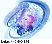 Composition of Zodiac symbols, gears, lights and abstract design elements with metaphorical relationship to astrology, child birth, fate, destiny, future, prophecy, horoscope and occult beliefs. Стоковое фото, агентство Ingram Publishing / Фотобанк Лори