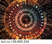 Circle of Meaning series. Background design of sacred symbols, arrows and fractal elements on the subject of spirituality, astrology, divination and magic. Стоковое фото, агентство Ingram Publishing / Фотобанк Лори