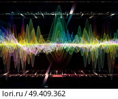 Wave Function series. Composition of colored sine vibrations, light and fractal elements suitable as a backdrop for the projects on sound equalizer, music spectrum and  quantum probability. Стоковое фото, агентство Ingram Publishing / Фотобанк Лори