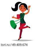 Young bouncing girl student holding ruddy book with green bag on white background. College brunette girl dressed in blouse and trousers. Vector illustration flat design of cartoon woman character. Young Bouncing Girl Student Holding Book with Bag. Стоковая иллюстрация, агентство Ingram Publishing / Фотобанк Лори