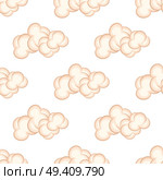 Seamless pattern with bushy pink clouds, endless texture isolated on white background. Natural sky objects in cartoon style vector. Seamless Pattern with Bushy Pink Clouds, Vector. Стоковая иллюстрация, агентство Ingram Publishing / Фотобанк Лори