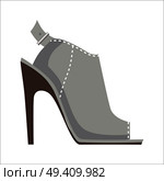 Grey open-toed mules shoe with high heel and stitching isolated on white background. Vector illustration of elegant women s shoes. Fashionable shoes with high heels for warm summer and spring.. Mules Shoe with High Heel Isolated Illustration. Стоковая иллюстрация, агентство Ingram Publishing / Фотобанк Лори