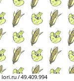Corn cobs and broccoli isolated on white decorative wrapping paper vector illustration in graphic design seamless pattern. Agricultural template poster. Corn Cobs and Broccoli on White Wrapping Paper. Стоковая иллюстрация, агентство Ingram Publishing / Фотобанк Лори
