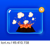 Splashing hot lava and white vapor over brown volcano isolated on blue. Erupting hole in glass screen with orange cross button. Vector illustration of geological formations on Earth’s surface.. Splashing Hot Lava and White Vapor over Volcano. Стоковая иллюстрация, агентство Ingram Publishing / Фотобанк Лори