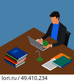 Faceless male person working with laptop at brown wooden table with green lamp, many books and other documents vector illustration. Faceless Male Person Working with Laptop at Table. Стоковая иллюстрация, агентство Ingram Publishing / Фотобанк Лори