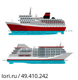 Spacious luxury cruise liner and big red steamer on water surface isolated on white background. Seagoing ships vector illustrations.. Spacious Luxury Cruise Liner and Big Red Steamer. Стоковая иллюстрация, агентство Ingram Publishing / Фотобанк Лори