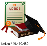 Licence with golden stamp, pile of books on law and square academic hat with tassel isolated vector illustration on white background.. Licence with Stamp, Books Pile and Academic Hat. Стоковая иллюстрация, агентство Ingram Publishing / Фотобанк Лори