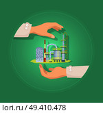 Large many stored factory on green background vector illustration. Producing and recycling goods in every area. At circle two hands present new plant. Insurance concept to take care in flat style. Large Many Stored Factory on Green Background. Стоковая иллюстрация, агентство Ingram Publishing / Фотобанк Лори