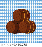 Wooden barrels with beer vector illustration isolated on checkered background. Three casks or tuns hollow cylindrical container, made of wooden staves. Wooden Barrels with Beer Vector Illustration. Стоковая иллюстрация, агентство Ingram Publishing / Фотобанк Лори