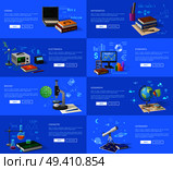 Program coding, maths and electronics lessons, economics class, biology and chemistry courses, geography and astronomy lectures vector illustrations.. Educational Subjects Informative Internet Pages. Стоковая иллюстрация, агентство Ingram Publishing / Фотобанк Лори