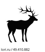 Medium-sized adult male deer colorless black silhouette with long antlers and short tail isolated vector illustration on white background, view from Left. Medium-Sized Adult Male Deer Colorless Black Icon. Стоковая иллюстрация, агентство Ingram Publishing / Фотобанк Лори