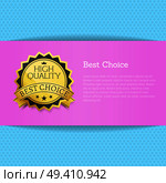 Best choice high quality award vector illustration banner with text on purple place for text and blue backdrop realistic poster, premium homepage design. Best Choice High Quality Award Vector Illustration. Стоковая иллюстрация, агентство Ingram Publishing / Фотобанк Лори