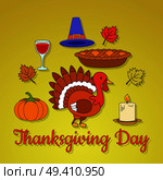 Thanksgiving day concept. Maple leaves, ripe pumpkin, live and cooked turkey, pilgrim hat, inflamed candle, apple pie and glass of wine flat vectors set. Autumn harvest festival symbols collection. Стоковая иллюстрация, агентство Ingram Publishing / Фотобанк Лори