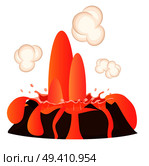 Strong flow of effluent red-hot lava, white clouds over top of brown stone. Erupting liquid drains along edges of earth’s formation on white background. Vector illustration of geological making.. Strong Flow of Effluent Red-hot Lava, White Clouds. Стоковая иллюстрация, агентство Ingram Publishing / Фотобанк Лори