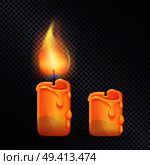 Two wax candles on transparent background. Vector illustration with one yellow brightly burning candle illuminating another extinct one. Two Wax Candles on Transparent Background. Стоковая иллюстрация, агентство Ingram Publishing / Фотобанк Лори