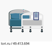 Hospital wheeled bed with blue linen and pillows isolated on white background. Vector illustration of hotel equipment with emergency button on top. Hospital Wheeled Bed Icon Vector Illustration. Стоковая иллюстрация, агентство Ingram Publishing / Фотобанк Лори