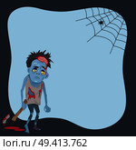 Poster with scary monster with bloody ax and spider creeping on his net. Vector illustration with creature on light blue background. Poster with Scary Monster Vector Illustration. Стоковая иллюстрация, агентство Ingram Publishing / Фотобанк Лори