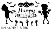 Happy halloween poster black and white image with title in centerpiece and icons of zombies, their hands and bats with pumpkins vector illustration. Happy Halloween Poster Black Vector Illustration. Стоковая иллюстрация, агентство Ingram Publishing / Фотобанк Лори