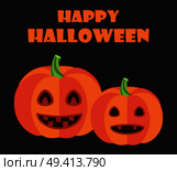 Happy Halloween poster pumpkins with green stems, triangular eyes and sharp canines isolated cartoon flat vector illustration on black background. Happy Halloween Poster Pumpkins with Green Stems. Стоковая иллюстрация, агентство Ingram Publishing / Фотобанк Лори