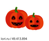 Halloween pumpkins with green stemd, triangular eyes and sharp canines isolated cartoon flat vector illustrations on white background.. Pumpkins with Triangular Eyes and Sharp Canines. Стоковая иллюстрация, агентство Ingram Publishing / Фотобанк Лори