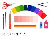 Scrapbooking concept vector scissors, metal compasses, ?olored paper, orange wooden pencil, stationery knife, ruler, glue and brushes on white background.. Scrapbooking Vector Poster with Stationary Items. Стоковая иллюстрация, агентство Ingram Publishing / Фотобанк Лори
