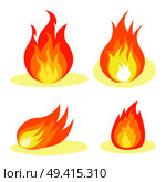Burning fire collection isolated on white vector poster in graphic design. Colorful bonfire with great waving flame for making picnics. Burning Fire Collection Isolated on White Poster. Стоковая иллюстрация, агентство Ingram Publishing / Фотобанк Лори