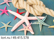 marine rope with set of starfish on blue background close up. marine rope with starfish. Стоковое фото, агентство Ingram Publishing / Фотобанк Лори