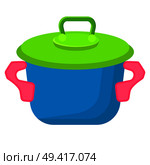 Blue toy saucepan with green top isolated vector illustration. Kitchen utensils for children play in flat style design on white background. Blue Toy Saucepan with Green Top Illustration. Стоковая иллюстрация, агентство Ingram Publishing / Фотобанк Лори