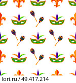 Carnival attributes seamless pattern. Bright maracas and colombina mask decorated colorful feathers vector on white background. Masquerade celebrating ornament for costumed party invitation design. Стоковая иллюстрация, агентство Ingram Publishing / Фотобанк Лори