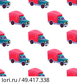 Seamless pattern with colorful sweet truck isolated on white. Cartoon transportation vehicle made of candies in flat style. Vector illustration of pink lorry with blue cabin endless texture. Seamless Pattern with Color Sweet Truck Isolated. Стоковая иллюстрация, агентство Ingram Publishing / Фотобанк Лори