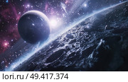 A photograph showing the Earth as seen from outer space, showcasing the planets curvature, continents, oceans, and atmosphere. Стоковое AI-изображение, AI-художник Данила Большаков / Фотобанк Лори