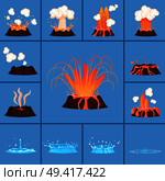 Active volcano and blue geyser in action set of isolated icons. Splash of hot lava, flowing magma, discarded steam under pressure. Powerful aqua fountain from hot spring vector illustrations. Concept of Active Volcano and Geyser in Action. Стоковая иллюстрация, агентство Ingram Publishing / Фотобанк Лори