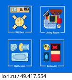 Kitchen and living room, bathroom and bedroom set of table and stove, armchair and sofa, tv set and carpet, bathtub and sink, vector illustration. Kitchen and Living Room Set Vector Illustration. Стоковая иллюстрация, агентство Ingram Publishing / Фотобанк Лори