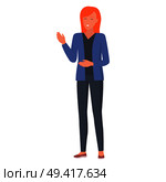 Smiling redhead woman gestures by hands during talk vector illustration isolated on white. Female use non verbal body language signs during discussion. Smiling Woman Gestures by Hands During Talk Vector. Стоковая иллюстрация, агентство Ingram Publishing / Фотобанк Лори