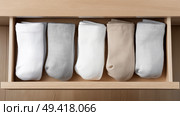 Five pairs of neatly organized socks displayed in a storage box. Пять пар аккуратно разложенных носков в коробке для хранения. Стоковое AI-изображение, AI-художник Katsiaryna Repich / Фотобанк Лори