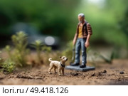A miniature toy dog is positioned beside a small toy man in a playful stance, showcasing a whimsical scene of companionship and imagination. Стоковое AI-изображение, AI-художник Данила Большаков / Фотобанк Лори