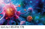 A vivid illustration showing cancer cells with immune system components engaged in molecular combat, highlighting the complexities of cellular interactions. Стоковое AI-изображение, AI-художник Данила Большаков / Фотобанк Лори