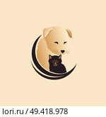A cat and a dog are seated side by side, demonstrating peaceful coexistence. Стоковое AI-изображение, AI-художник Данила Большаков / Фотобанк Лори